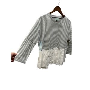 SKIES ARE BLUE GRAY & WHITE STRIPED PEPLUM BLOUSE SZ SMALL